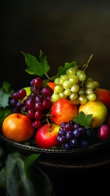 Still life arrangement of mixed fresh fruits on dark plate.