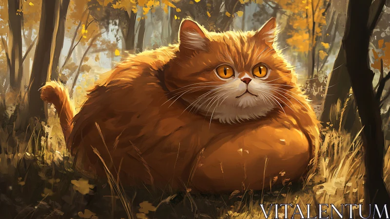Fluffy Orange Cat in Autumn Forest Clearing
