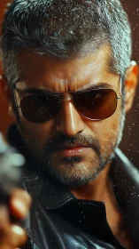 Cool silver-haired hero in dark shades and leather jacket.