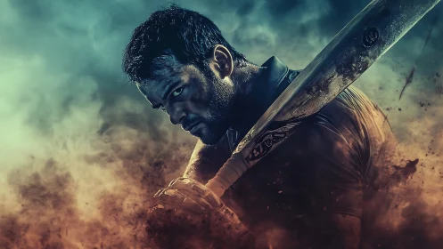 Cricket batsman portrait with bat amid colored smoke clouds.