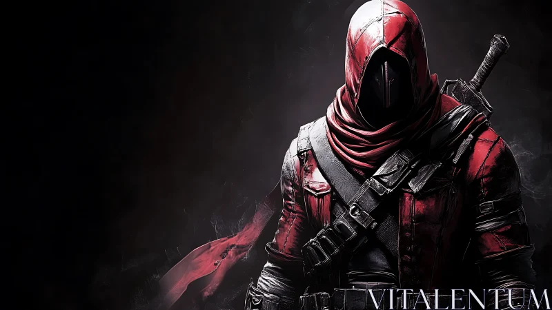 Hooded red assassin in tactical armor against dark void.