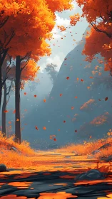 Autumn forest valley with vivid orange foliage and misty cliffs.
