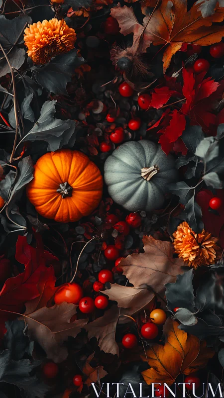 Autumn pumpkins, berries, and leaves in moody flatlay.