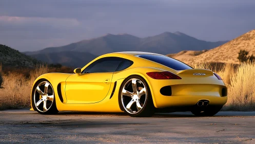 Yellow sports coupé rendered in high-contrast desert sunset lighting