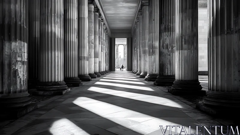 Colonnade corridor with long shadows and distant figures