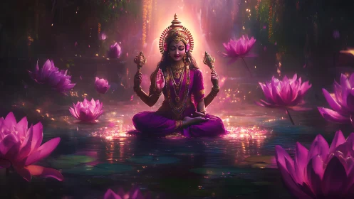 Radiant goddess in lotus pond glowing with serene magic.