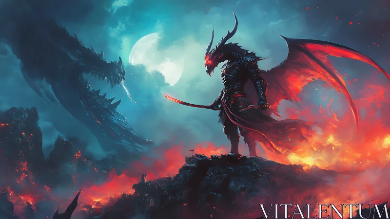 Moonlit draconic warlord atop flaming abyssal cliffs.