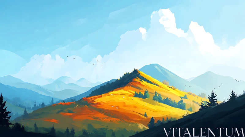 Sunlit hills and quiet mountain ridges in soft morning light.