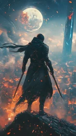 Lone moonlit warrior watching a neon city ignite below.