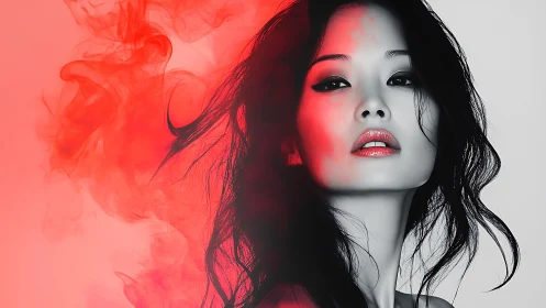 Monochrome portrait intersected by red chromatic smoke veil.