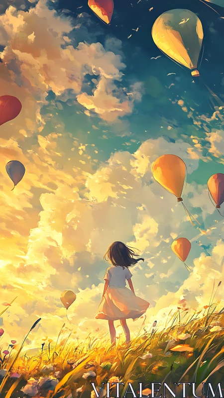 Girl beneath sunset balloons over golden wildflower hill.