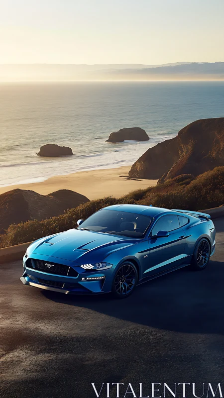 Blue sports coupe is parked on coastal cliffside roadway