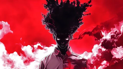 Storm-lit silhouette in crimson clouds of charged power.