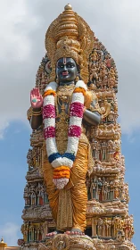 Majestic Hindu deity statue rises above ornate temple tower