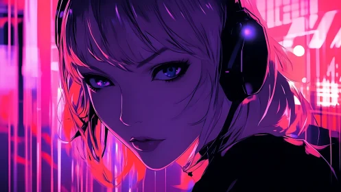 Neon-drenched DJ muse lost in ultraviolet city echoes.