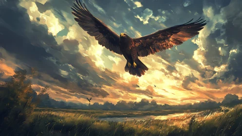Majestic eagle soaring over sunset landscape in digital painting.
