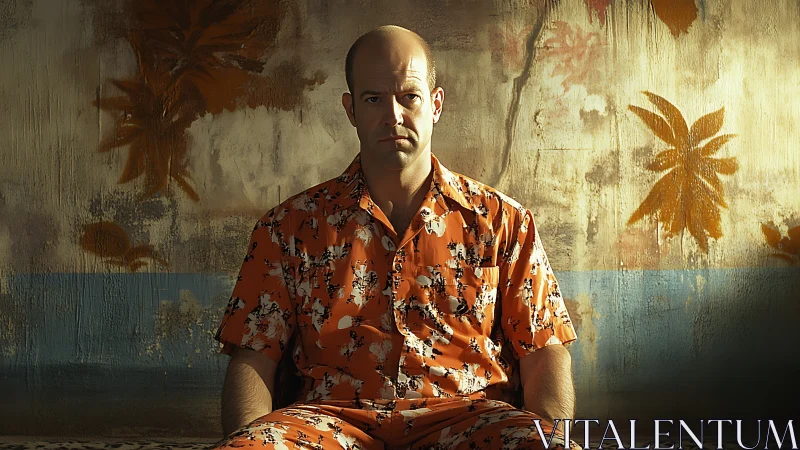 Bald man in orange print suit under moody tropical mural.
