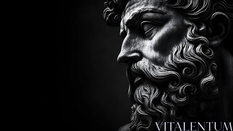 Stone profile of bearded classical male statue in shadow.