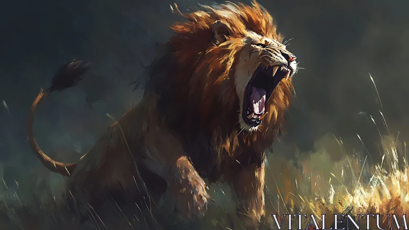 Digital painting of roaring lion in dynamic brushwork field.