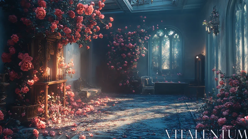 Luxurious interior hallway with cascading roses and architectural lighting