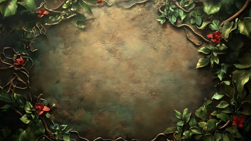 Enchanted leafy frame with red blooms and rustic backdrop.