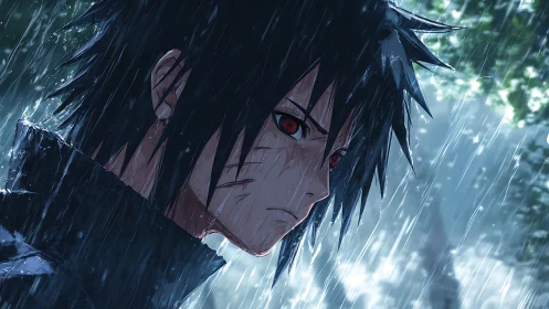 Brooding anime warrior stands alone in a cold pouring rain