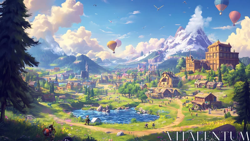 Expansive fantasy valley town with mountains and balloons.