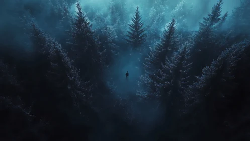 Solitary figure stands in misty blue conifer forest clearing