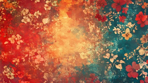 Floral blooms drift across warm red and teal textures.