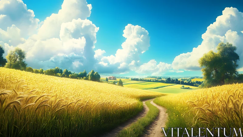 Sunlit wheat road curves through rolling farmland under clouds.