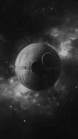 Spherical armored space station floats in dense starfield