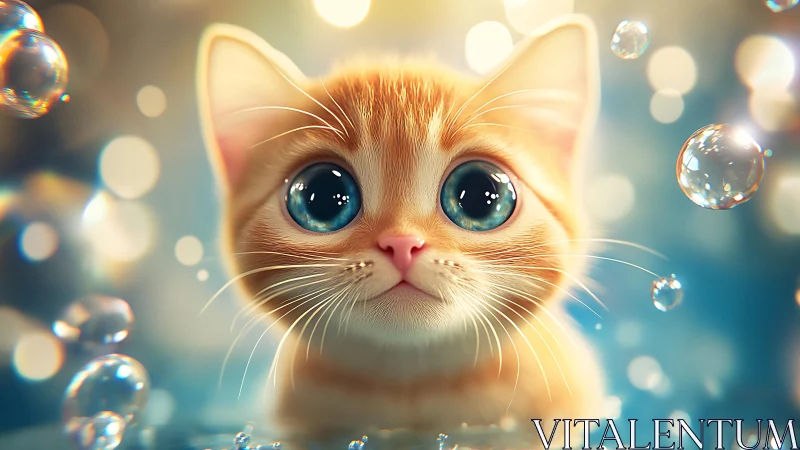 Golden-Furred Feline Portrait with Turquoise Eyes. Ethereal Bubble Environment.