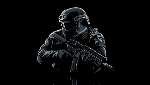 Tactical soldier silhouette holds rifle in stark contrast.