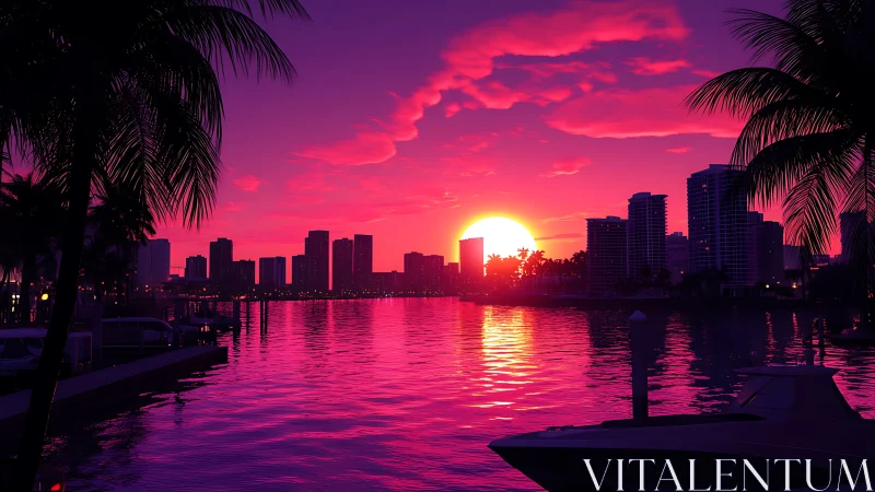 Neon Miami bay skyline glows under vivid magenta sunset