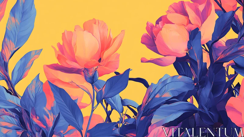 Pink and blue flowers against yellow background.