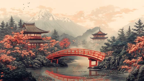 Red arched bridge spans river between two Japanese temples