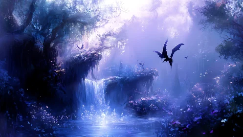 Enchanted violet forest with waterfall and soaring dragon.