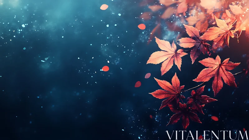 Red maple leaves float over dark blue bokeh background