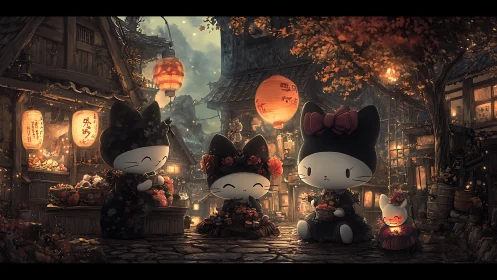 Anthropomorphic cat figures in lantern lit village street.
