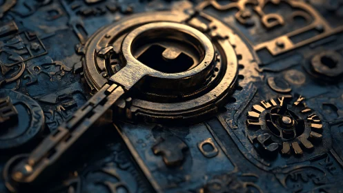 Gleaming mechanical key resting in a mysterious lock plate.