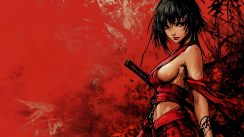 Samurai heroine in red against abstract textured bloodfield