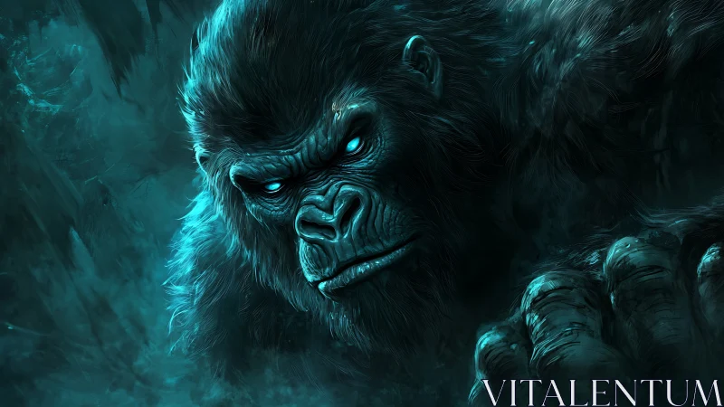 Powerful blue gorilla close-up in dark glowing light.