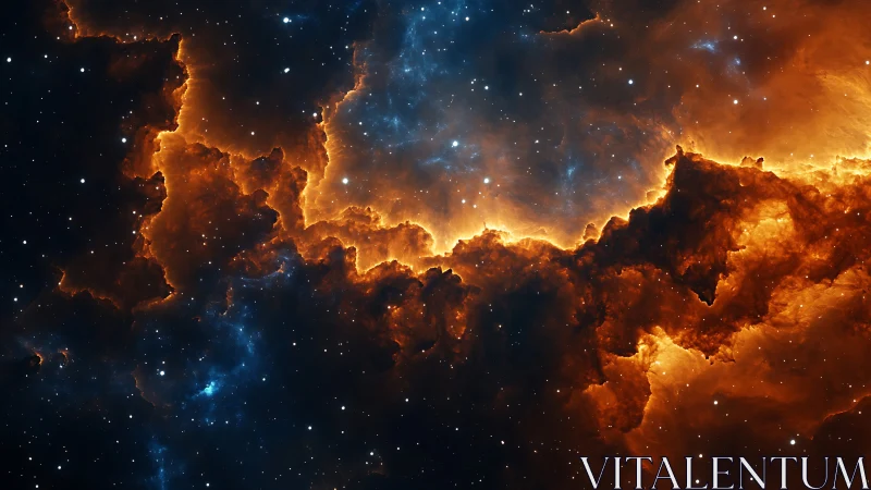 Stellar nebula clouds with contrasting blue and orange glow.