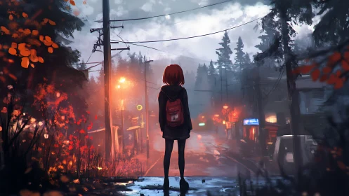 Solitary figure on wet street facing misty town at dusk.