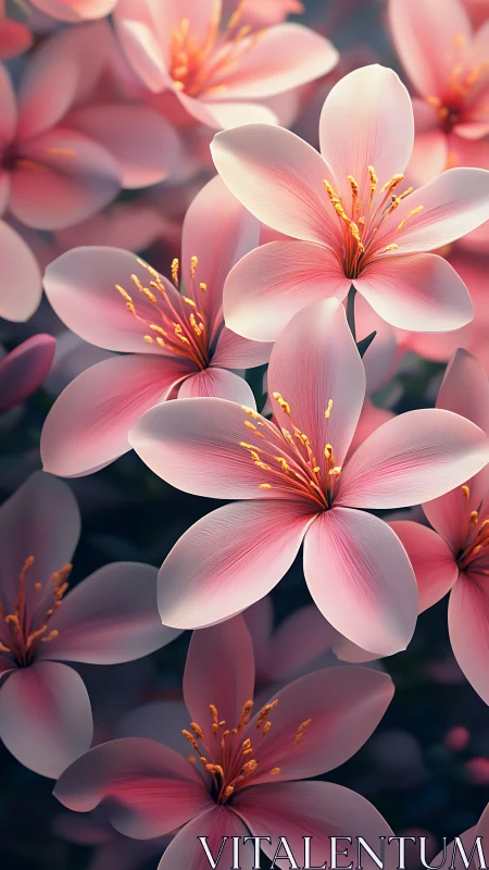 Soft-petaled blossoms with golden stamens in luminous pink gradient.
