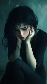 Digital painting of pensive woman in moody teal chiaroscuro.