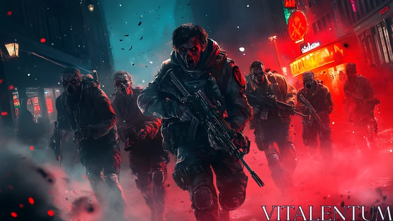 Post-apocalyptic assault squad advances through neon chaos.