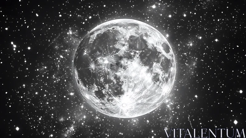 Glowing full moon surrounded by a gentle sea of stars.