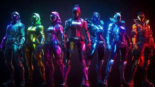 Futuristic armored characters under multicolored neon lighting.