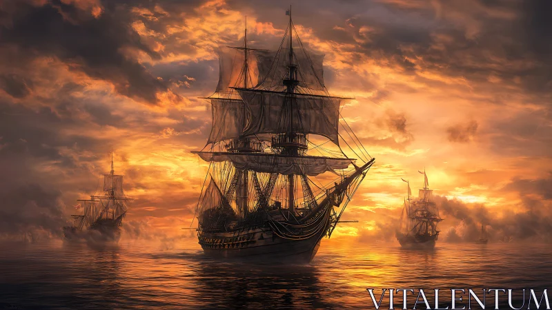 Tall sailing ships moving across calm sea at sunset.